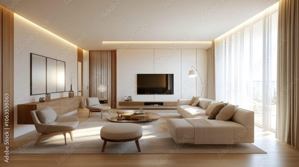 Modern living room with elegant furniture, large windows, and warm lighting creates cozy atmosphere. design features neutral color palette and stylish decor Modern living room with elegant furniture, large windows, and warm lighting creates cozy atmosphere. design features neutral color palette and stylish decor