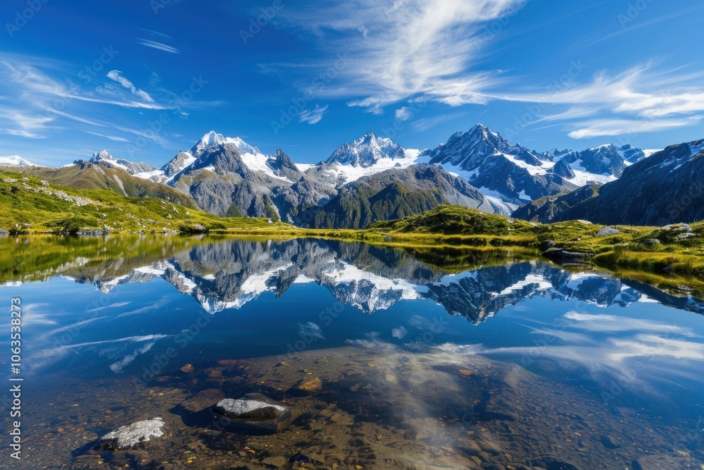Fototapeta premium Majestic mountain landscape with clear lake reflection and blue sky