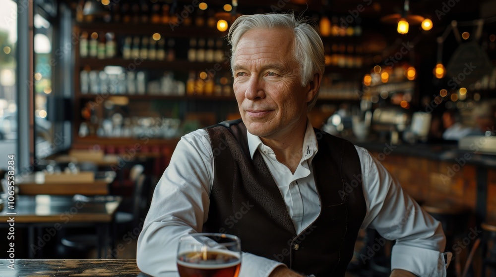 A thoughtful senior man with a glass of beer sits in a cozy, dimly lit pub, gazing into the distance with a serene expression. A thoughtful senior man with a glass of beer sits in a cozy, dimly lit pub, gazing into the distance with a serene expression.