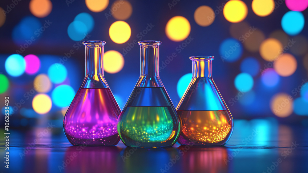 Erlenmeyer flasks filled with vibrant liquids sit on a surface, reflecting bokeh lights Erlenmeyer flasks filled with vibrant liquids sit on a surface, reflecting bokeh lights