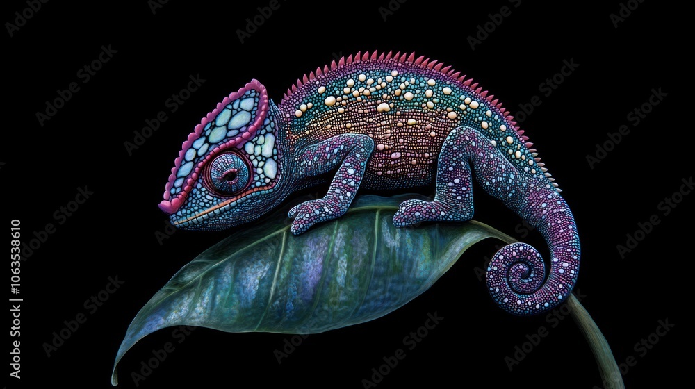 Fototapeta premium A vibrant chameleon with intricate scales perched on a leaf against a black background.