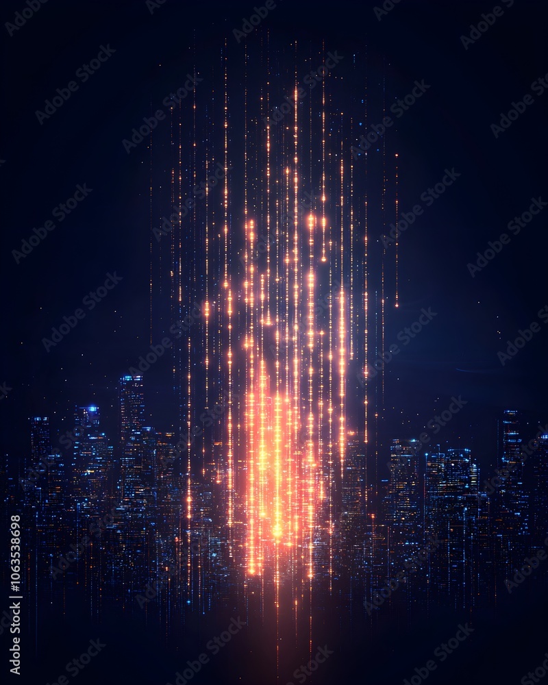 Fototapeta premium Abstract city skyline illuminated by cascading lights
