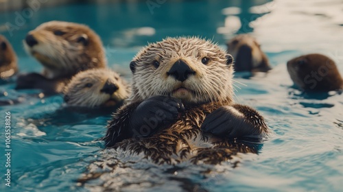 A group of otters floating in water, showcasing their playful nature.