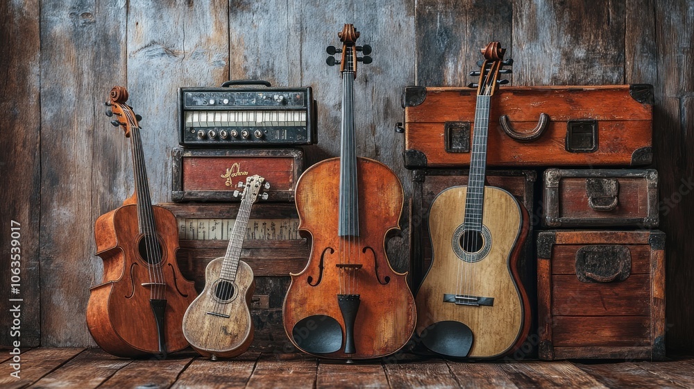 Naklejka premium A collection of musical instruments against a rustic backdrop.