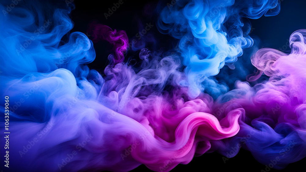 Thick clouds of blue, purple and pink smoke mix to create smooth gradients against a dark background. Thick clouds of blue, purple and pink smoke mix to create smooth gradients against a dark background.