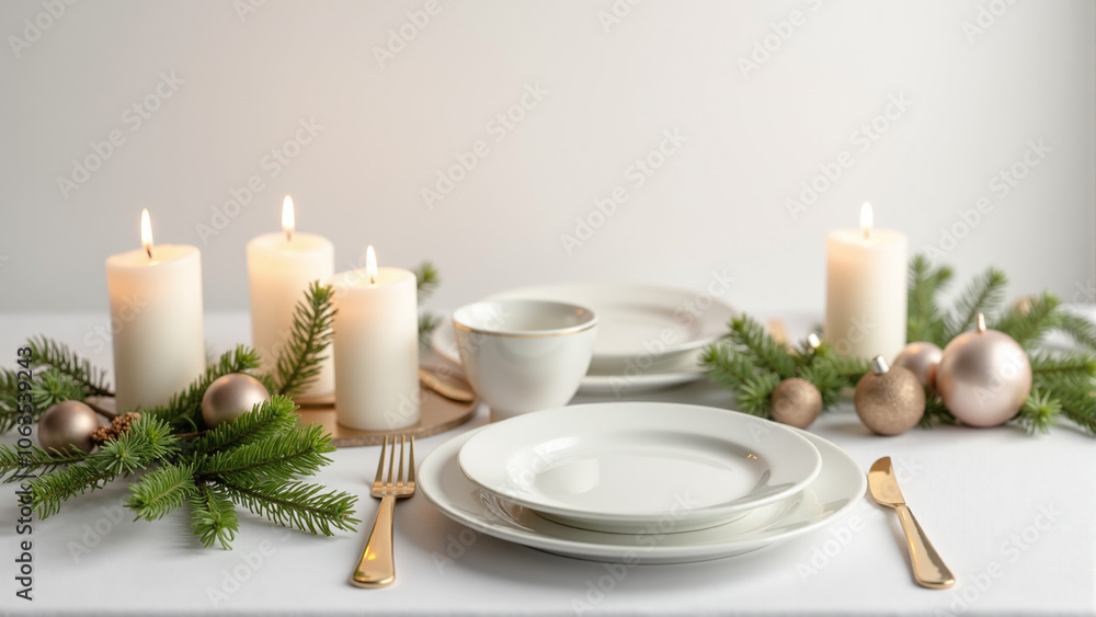 Elegant Christmas table setting with candles and pine sprigs on a white backdrop Elegant Christmas table setting with candles and pine sprigs on a white backdrop
