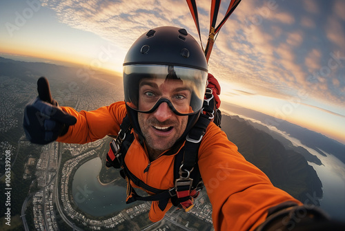 Excited positive happy parachutist in free fall over blue sky. ai generative picture collage photo