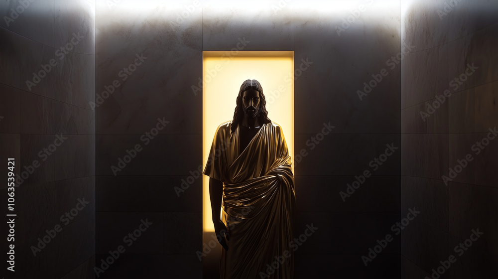 A contemporary 3D Jesus figure, draped in gold, standing in a recessed wall niche, with soft light illuminating his face in a way that recalls traditional religious iconography. A contemporary 3D Jesus figure, draped in gold, standing in a recessed wall niche, with soft light illuminating his face in a way that recalls traditional religious iconography.