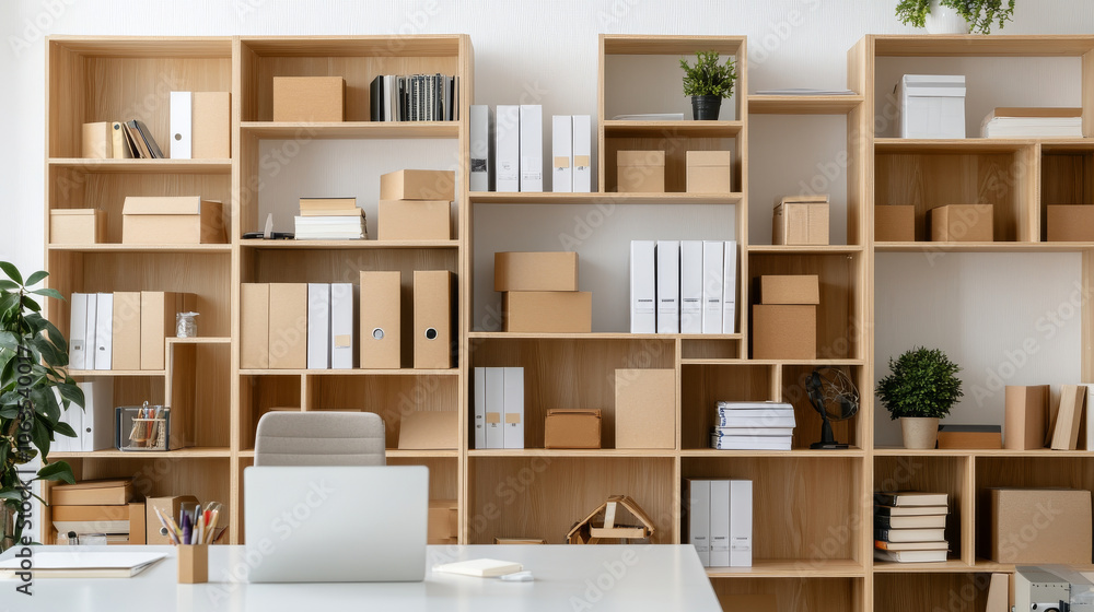 A modern office space featuring organized wooden shelves filled with various boxes, files, and plants, creating tidy and productive environment A modern office space featuring organized wooden shelves filled with various boxes, files, and plants, creating tidy and productive environment