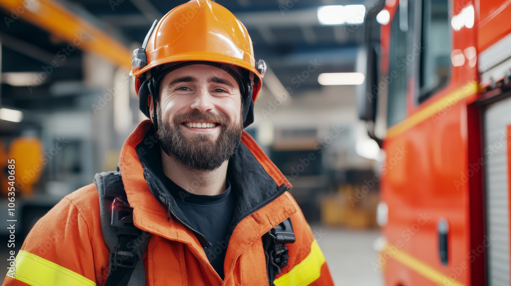 A smiling firefighter in an orange uniform and helmet stands confidently in fire station, showcasing sense of pride and readiness for duty A smiling firefighter in an orange uniform and helmet stands confidently in fire station, showcasing sense of pride and readiness for duty