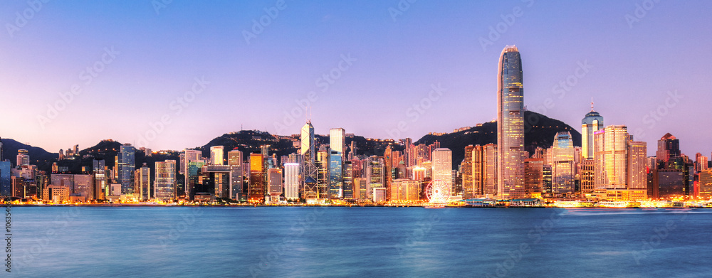Naklejka premium Panorama of Victoria Harbor of Hong Kong city