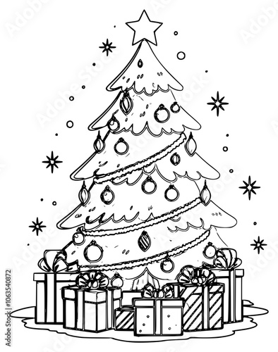 Black outlines of a Christmas tree with decorations	
