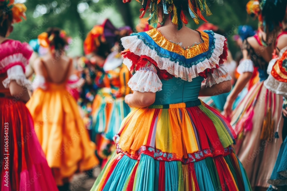 A scene from a summer festival with people dressed in brightly colored costumes. A scene from a summer festival with people dressed in brightly colored costumes.