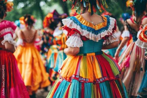 A scene from a summer festival with people dressed in brightly colored costumes.