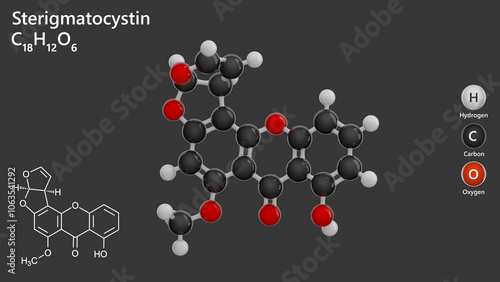 Molecule: Sterigmatocystin. Polyketide mycotoxin. Molecular structure. Formula: C18H12O6. Chemical model: Ball and stick. Gray background. 3D illustration. photo