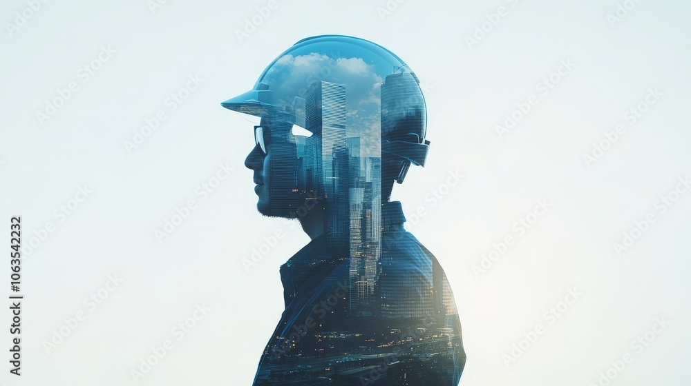 Double exposure silhouette of engineer with urban skyline in hard hat Double exposure silhouette of engineer with urban skyline in hard hat
