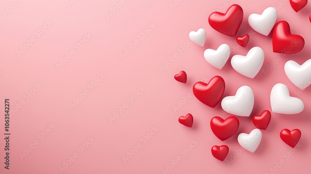 Serene Love: Minimal Red and White Hearts Floating on Soft Pink Background Serene Love: Minimal Red and White Hearts Floating on Soft Pink Background