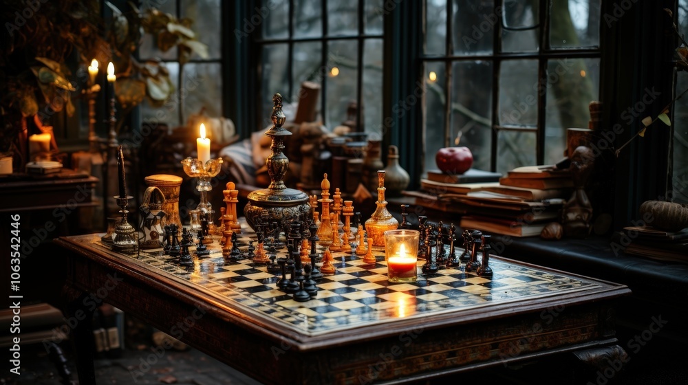 Chessboard illuminated by candlelight amidst a collection of antique decor and books in a dimly lit room with large windows Chessboard illuminated by candlelight amidst a collection of antique decor and books in a dimly lit room with large windows