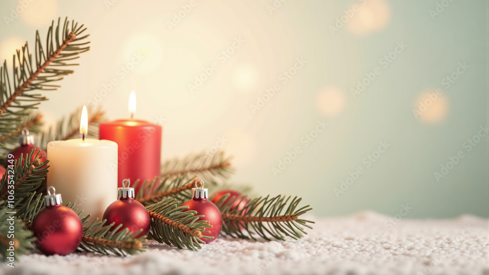 Festive holiday scene with pine branches and candles on a pastel background Festive holiday scene with pine branches and candles on a pastel background