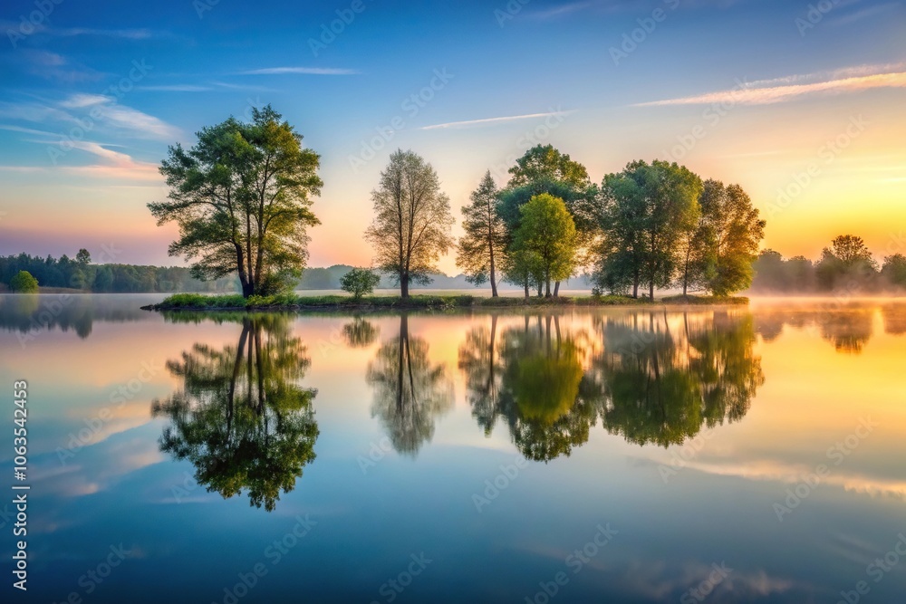 Reflections of trees in the calm surface of a still lake at dawn, serene surroundings, natural beauty, morning sunrise, tree silhouette Reflections of trees in the calm surface of a still lake at dawn, serene surroundings, natural beauty, morning sunrise, tree silhouette