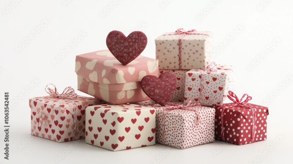 Obraz premium Delightful Stacked Small Gift Boxes with Heart Patterns in Cute Arrangement