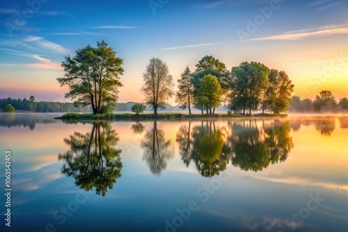 Reflections of trees in the calm surface of a still lake at dawn, serene surroundings, natural beauty, morning sunrise, tree silhouette