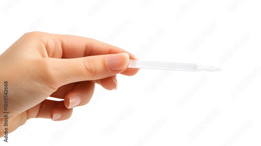A hand holding a white pregnancy test against a white background. A hand holding a white pregnancy test against a white background.