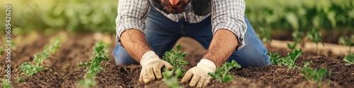 Farmer cultivating organic crops in raised beds on a rural, eco-friendly farm, [eco-friendly], [sustainable farming innovation].