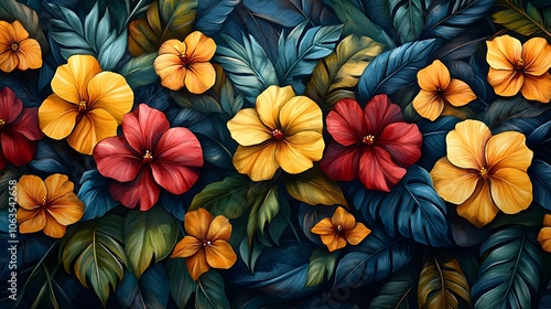 Wallpaper Mural Watercolor illustration for Guyana National Day, featuring the Guyanese flag with tropical flowers and jungle foliage, vibrant colors Torontodigital.ca