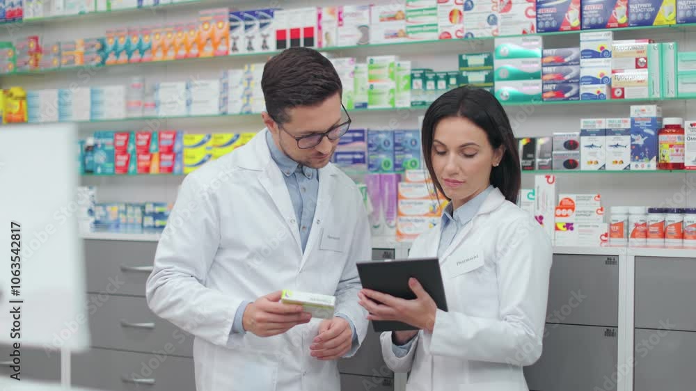 Pharmacists working with medicine inventory. Two druggists in uniform standing near showcase with pills and syrups. Woman holding tablet in pharmacy. Man holding pills packaging.