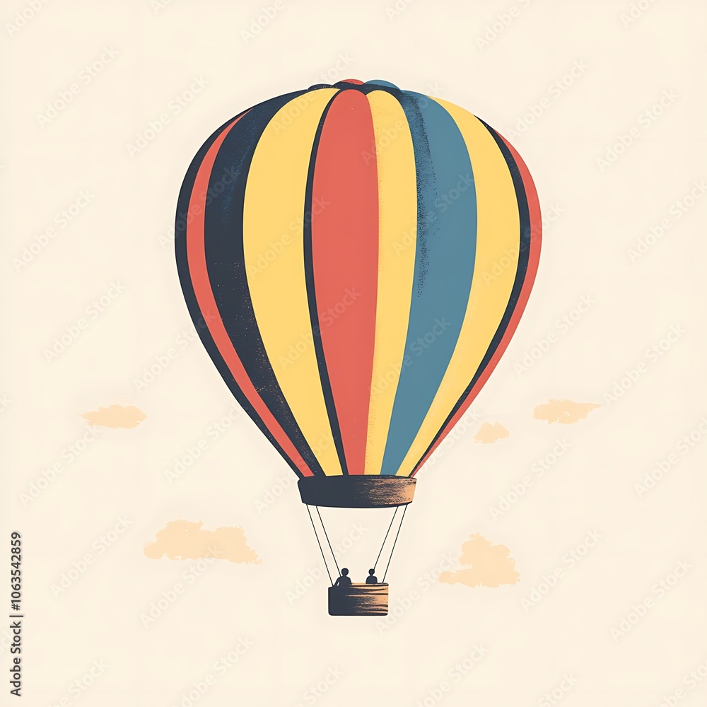 Fototapeta premium A colorful hot air balloon with two people inside, against a light beige background with a few white clouds.