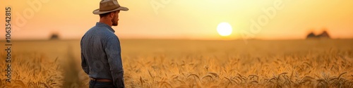 Farmer inspecting wheat heads before harvest during late summer, [agriculture], [seasonal crop assessment]. photo