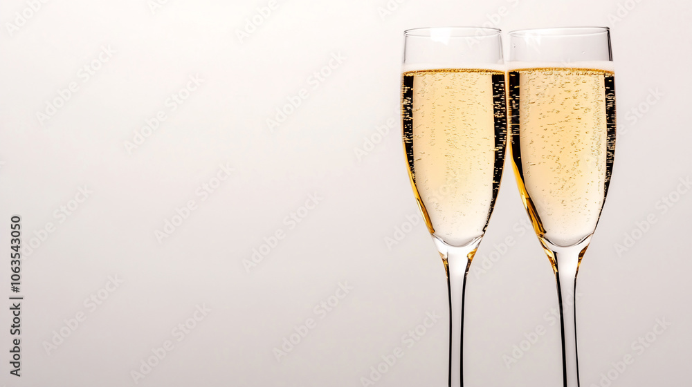 Two champagne flutes filled with bubbly champagne stand against a light gray background with copy space. Concept of celebration, toast, special occasion. Two champagne flutes filled with bubbly champagne stand against a light gray background with copy space. Concept of celebration, toast, special occasion.
