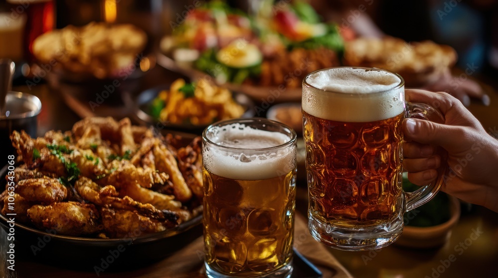 An inviting scene with two clinking beer mugs in the foreground, An inviting scene with two clinking beer mugs in the foreground,
