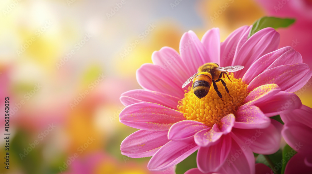 Macro shot of natural, bee pollinating pink flower in vibrant garden, showcasing nature beauty and harmony Macro shot of natural, bee pollinating pink flower in vibrant garden, showcasing nature beauty and harmony