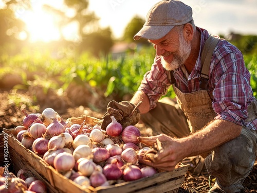 Farmer sorting freshly harvested onions and garlic in the late summer sun, [agriculture], [seasonal farm bounty]. photo