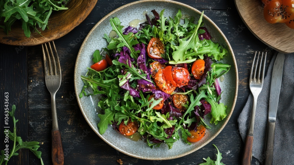 An overhead view of a fresh organic salad on a ceramic plate, An overhead view of a fresh organic salad on a ceramic plate,