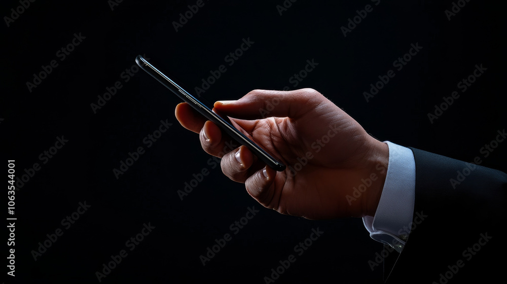 A hand holding smartphone in dark setting, showcasing modern technology and communication. image conveys sense of connectivity and engagement A hand holding smartphone in dark setting, showcasing modern technology and communication. image conveys sense of connectivity and engagement