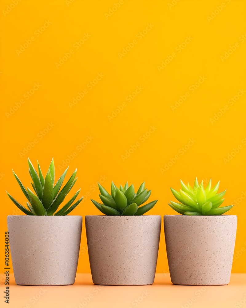 Trio of vibrant succulents against a bright yellow backdrop Trio of vibrant succulents against a bright yellow backdrop