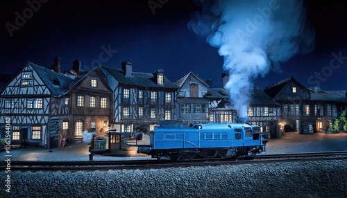 A model of a blue train passing by a historic European town at night