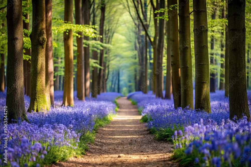 Fototapeta premium Serene forest path with bluebell flowers silhouette