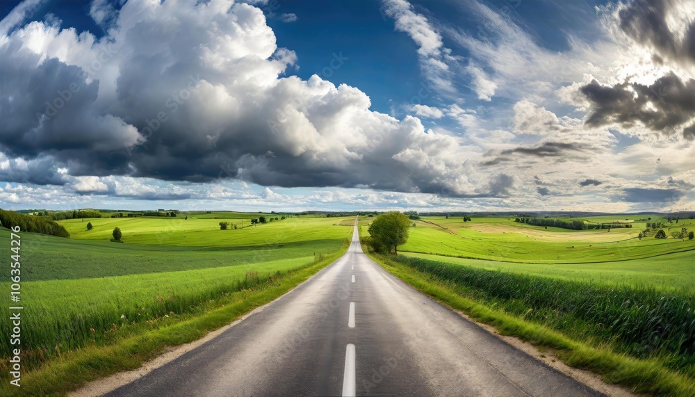 A long straight rural road through green fields with cloudy skies, representing peaceful and scenic countryside. A long straight rural road through green fields with cloudy skies, representing peaceful and scenic countryside.