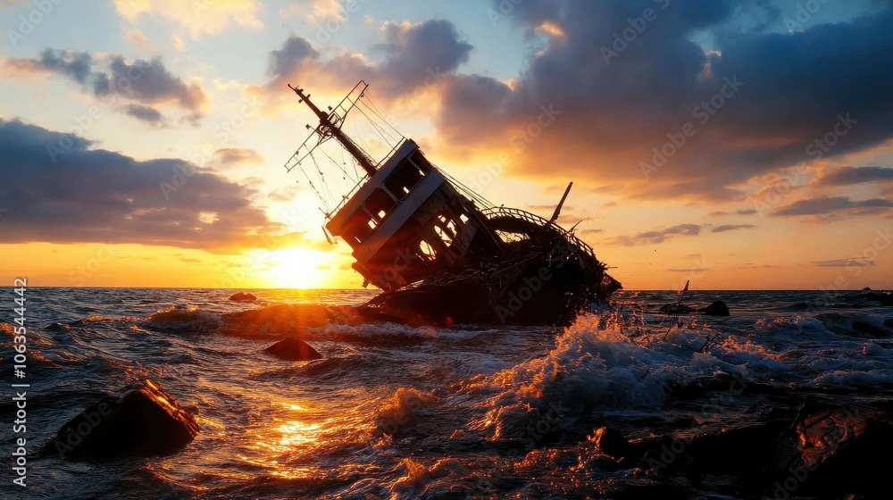 A ship is floating in the ocean with the sun setting in the background A ship is floating in the ocean with the sun setting in the background