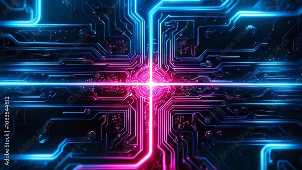 Futuristic neon circuit board with blue and pink lights glowing on a dark background. Created with generative AI technology Futuristic neon circuit board with blue and pink lights glowing on a dark background. Created with generative AI technology
