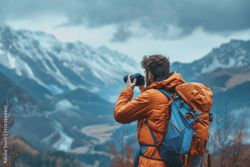 A young male mountain climber takes a photo with a camera to capture the image. A young male mountain climber takes a photo with a camera to capture the image.