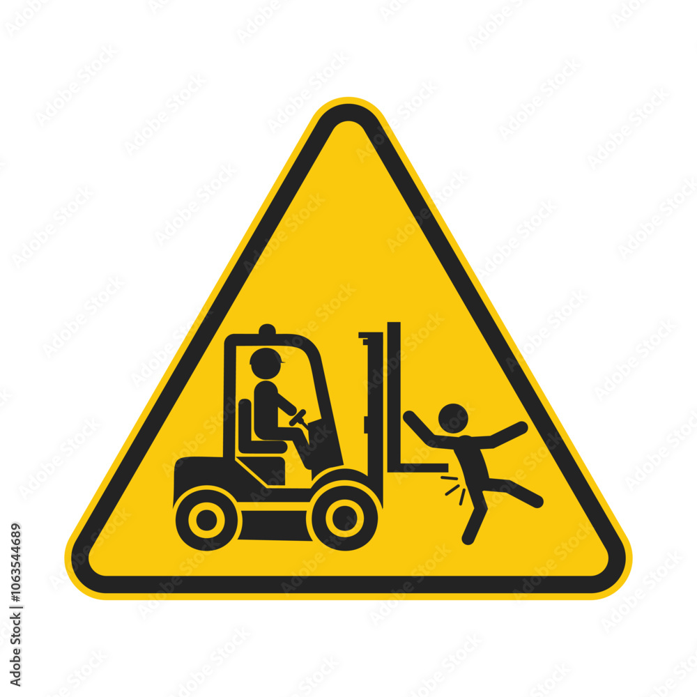 Yellow triangle safety sign icon of black pictogram forklift lane, keep clear, may cause injury, for industrial vehicle caution alert Yellow triangle safety sign icon of black pictogram forklift lane, keep clear, may cause injury, for industrial vehicle caution alert
