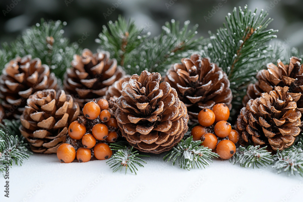 Fototapeta premium Generative AI image of festive Christmas decor with baubles, berries, and pine cones for holiday shopping
