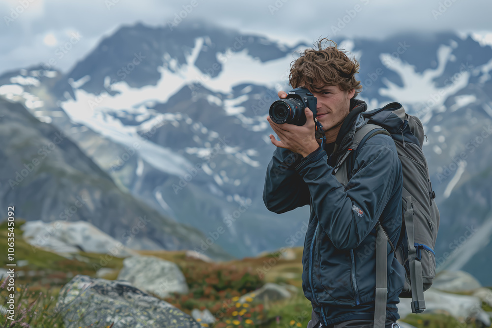 A young male mountain climber takes a photo with a camera to capture the image. A young male mountain climber takes a photo with a camera to capture the image.