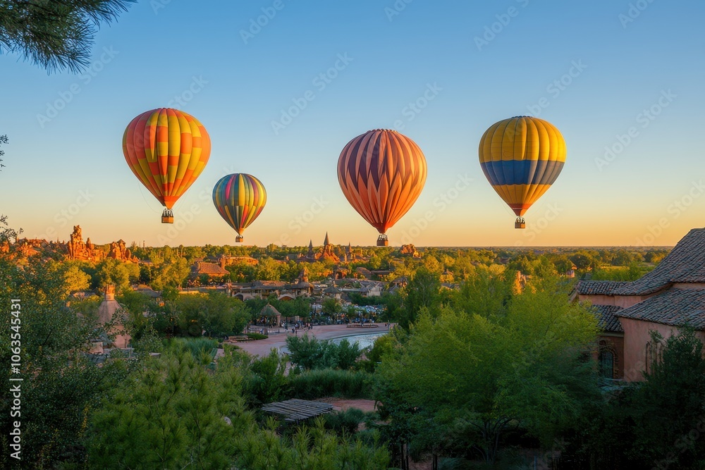 Obraz premium A set of brightly colored hot air balloons rising into a clear sky. 