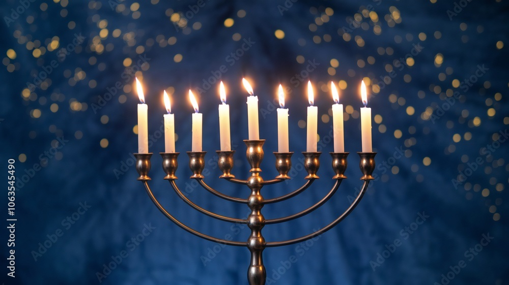 Menorah with Lit Candles on Blue Background for Hanukkah Celebration Menorah with Lit Candles on Blue Background for Hanukkah Celebration